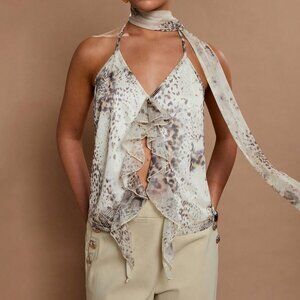 Multicolor Party Women's Leopard Print Tie-Up Neck Casual Tank Top